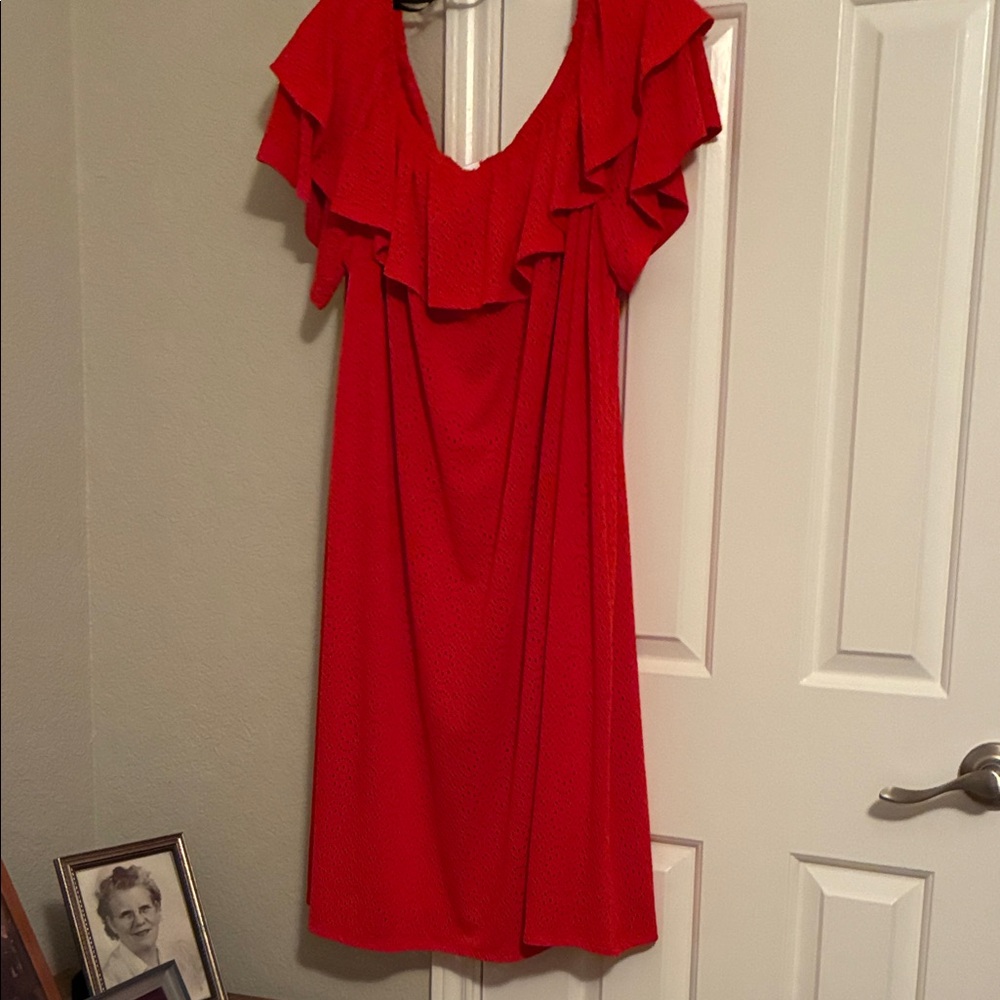 Red Midi Dress with Ruffle V-Neck